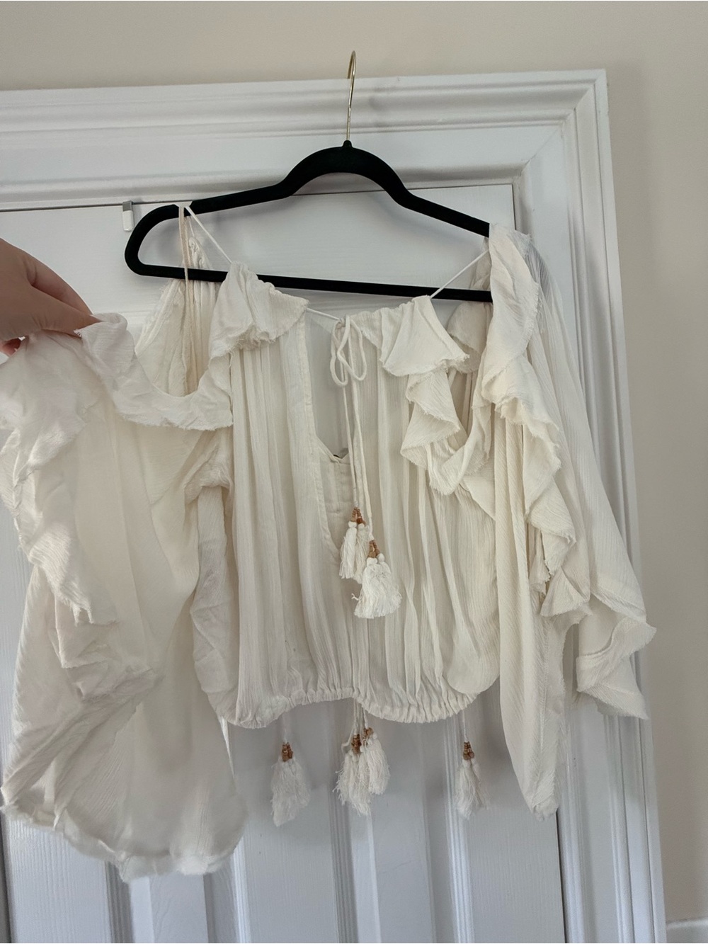 Free People White Vintage Ruffled Off-Shoulder Tassel Cropped Blouse